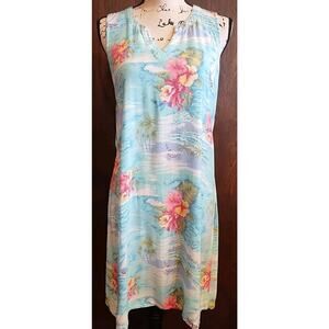 Sundress Blue Sleeveless Floral Beach Hawaiian Hibiscus Dress pullover Sz Large